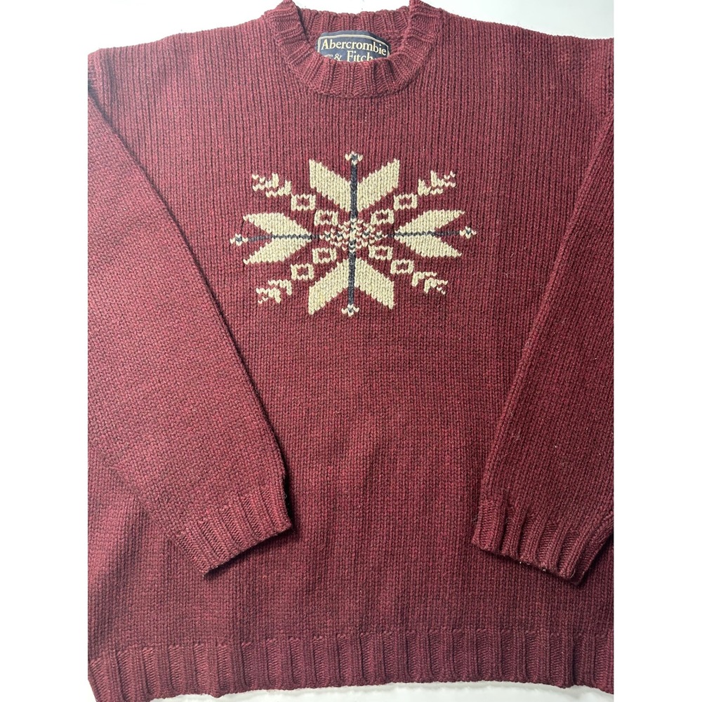 Abercrombie & Fitch Mens Large Lambswool Snowflake Knit Sweater Burgundy Maroon